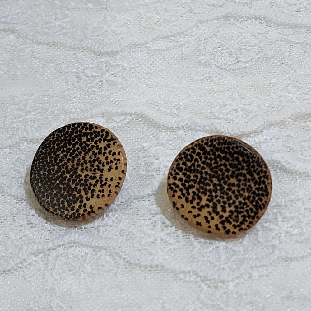 Vintage Round Wooden Animal Print Tan and Black Pierced Earrings